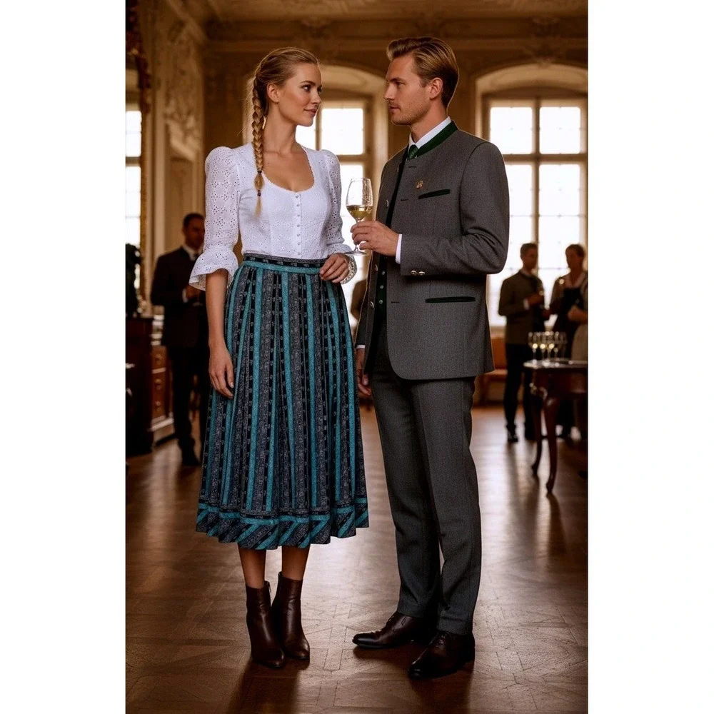 VTG Geiger Teal Black Floral Striped Pleated‎ Cotton Dirndl Skirt Size 40